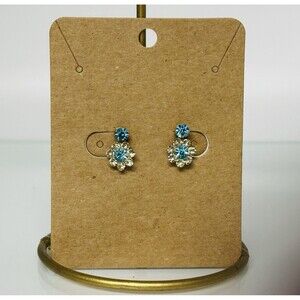 Vintage Floral Earrings Blue Clear Rhinestone Gold Tone Mid Century Screw Back